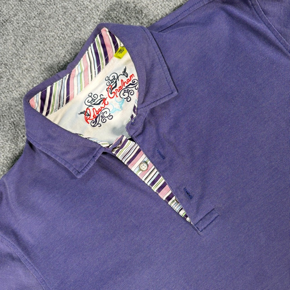 Robert Graham Men Classic Fit Purple Cotton Polo Shirt Medium Striped Trim #4380